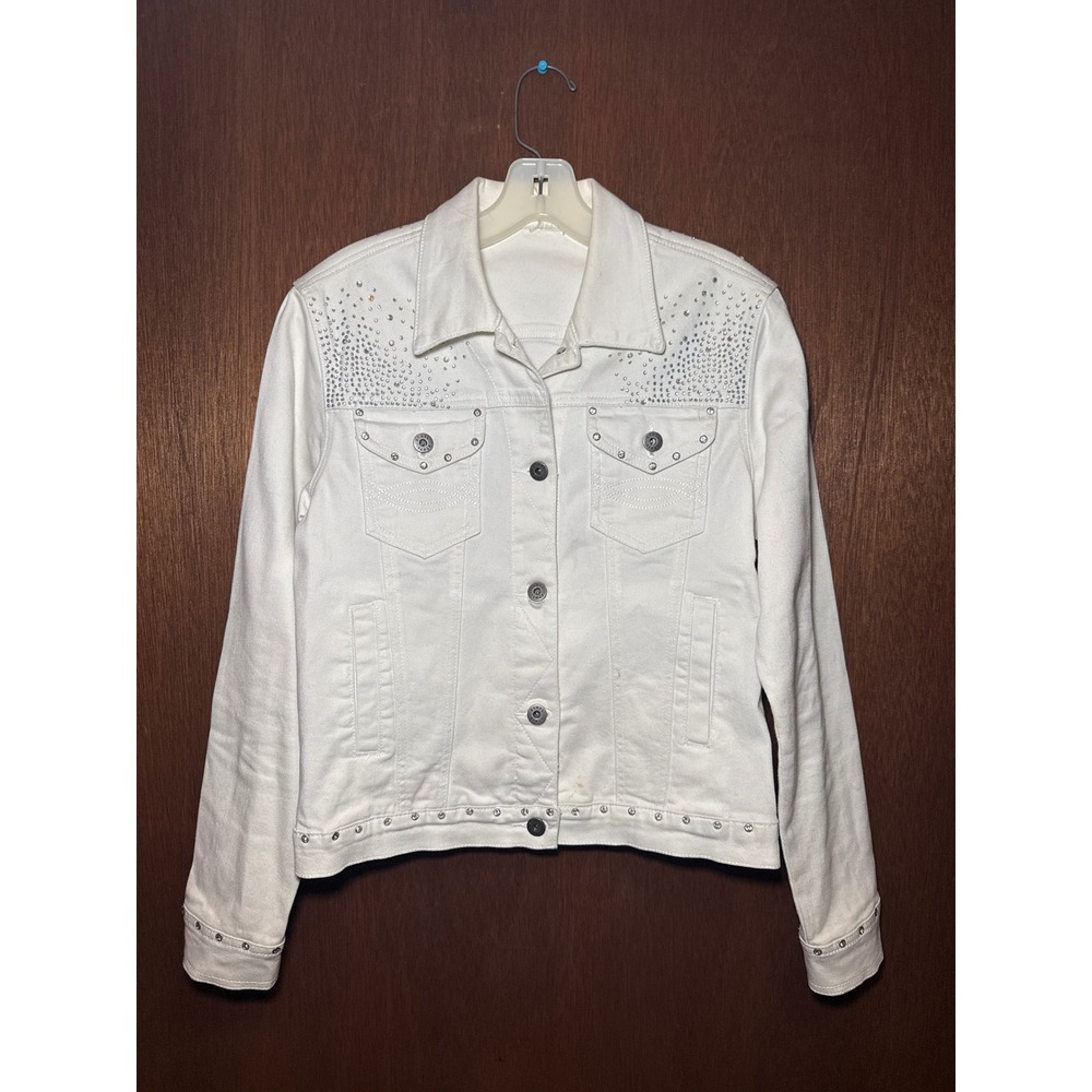 Ethyl White Denim Trucker Jacket Rhinestone Embellished Studded Western Y2K